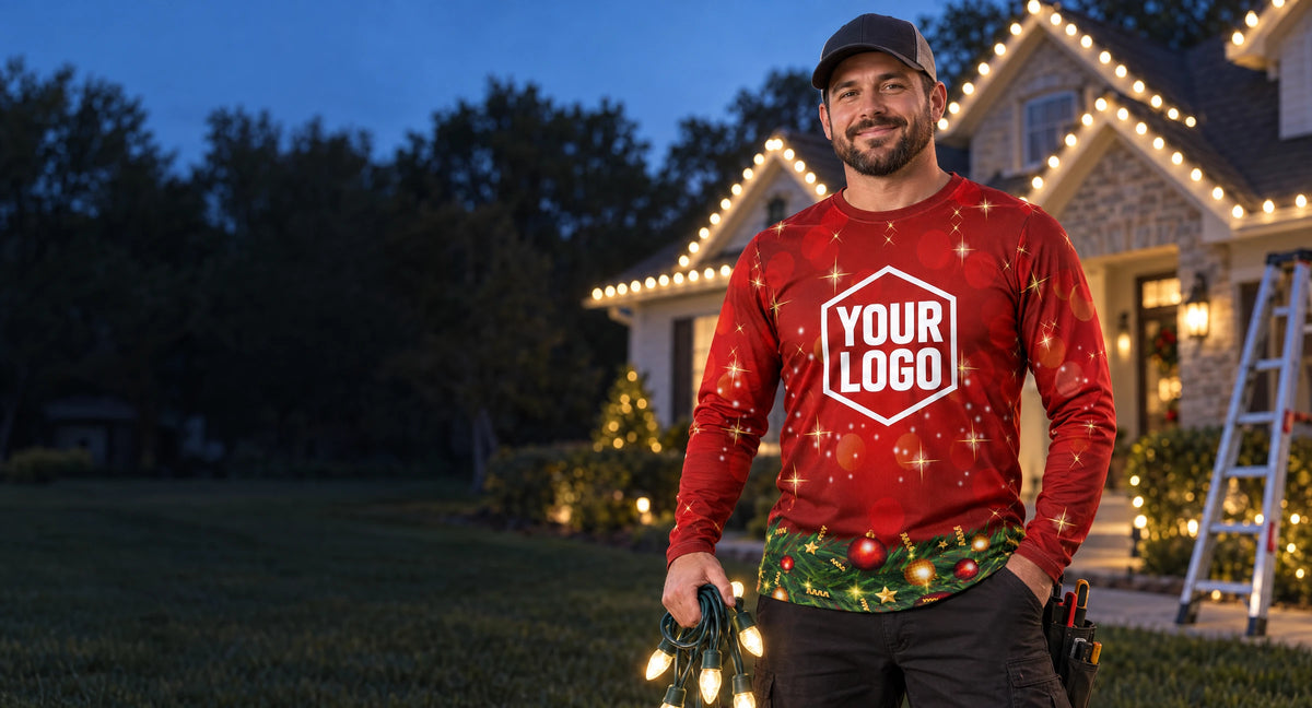 Christmas light installer wearing a red custom TCV Holiday uniform in front of a home with warm white roofline lights