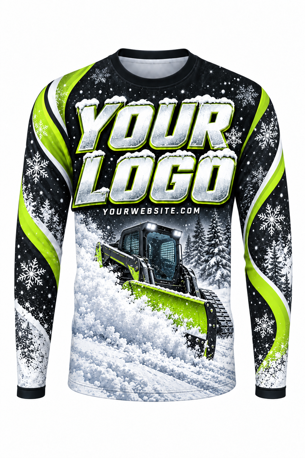 Custom snow removal crew uniform with large logo and snow-pusher artwork