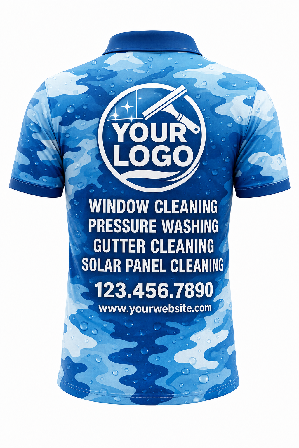 Aqua Camo custom window cleaning crew uniform polo shirt — back (polo-back)