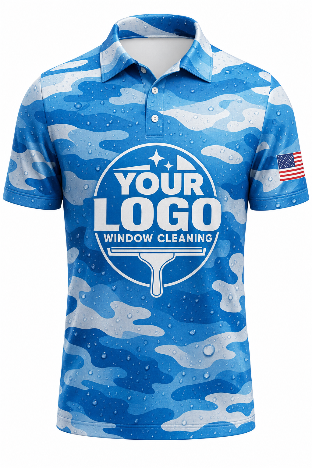 Aqua Camo custom window cleaning crew uniform polo shirt — front (polo-front)