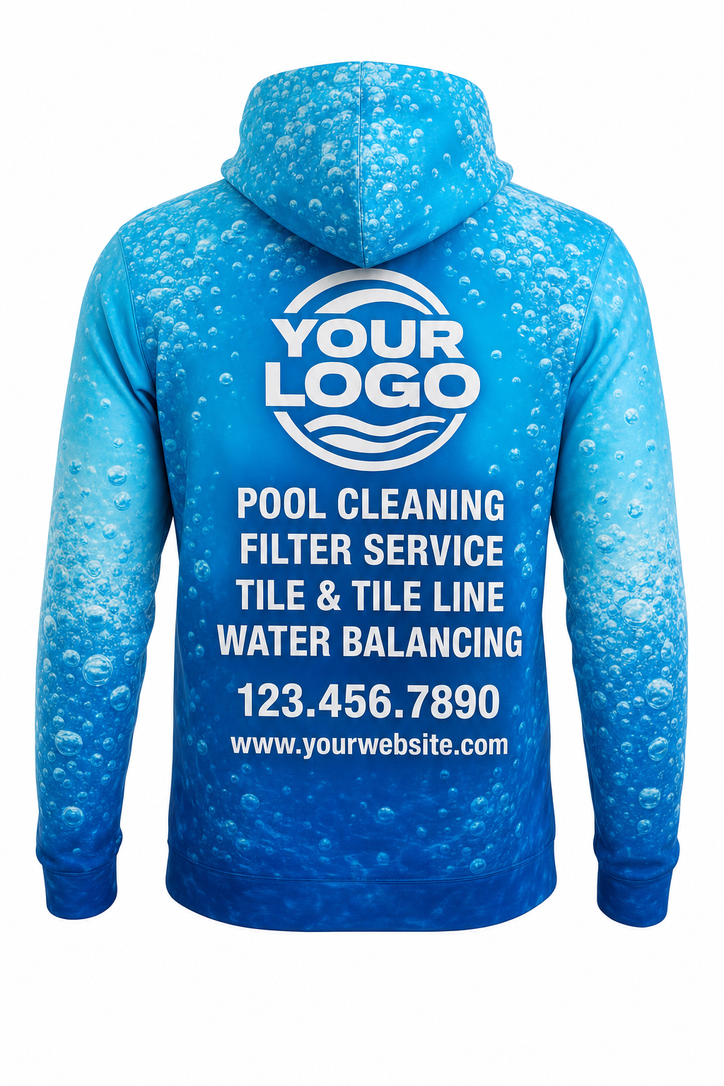 Azure Bubbles custom pool cleaning crew uniform hoodie — back (hoodie-back)