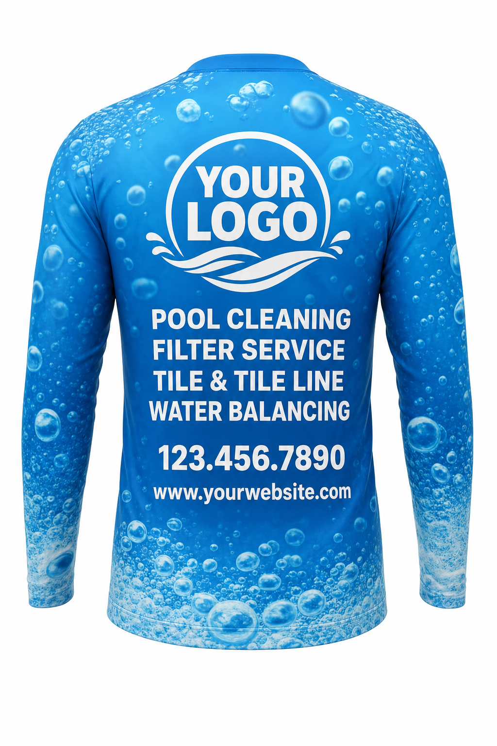 Azure Bubbles custom pool cleaning crew uniform long-sleeve shirt — back (longsleeve-back)