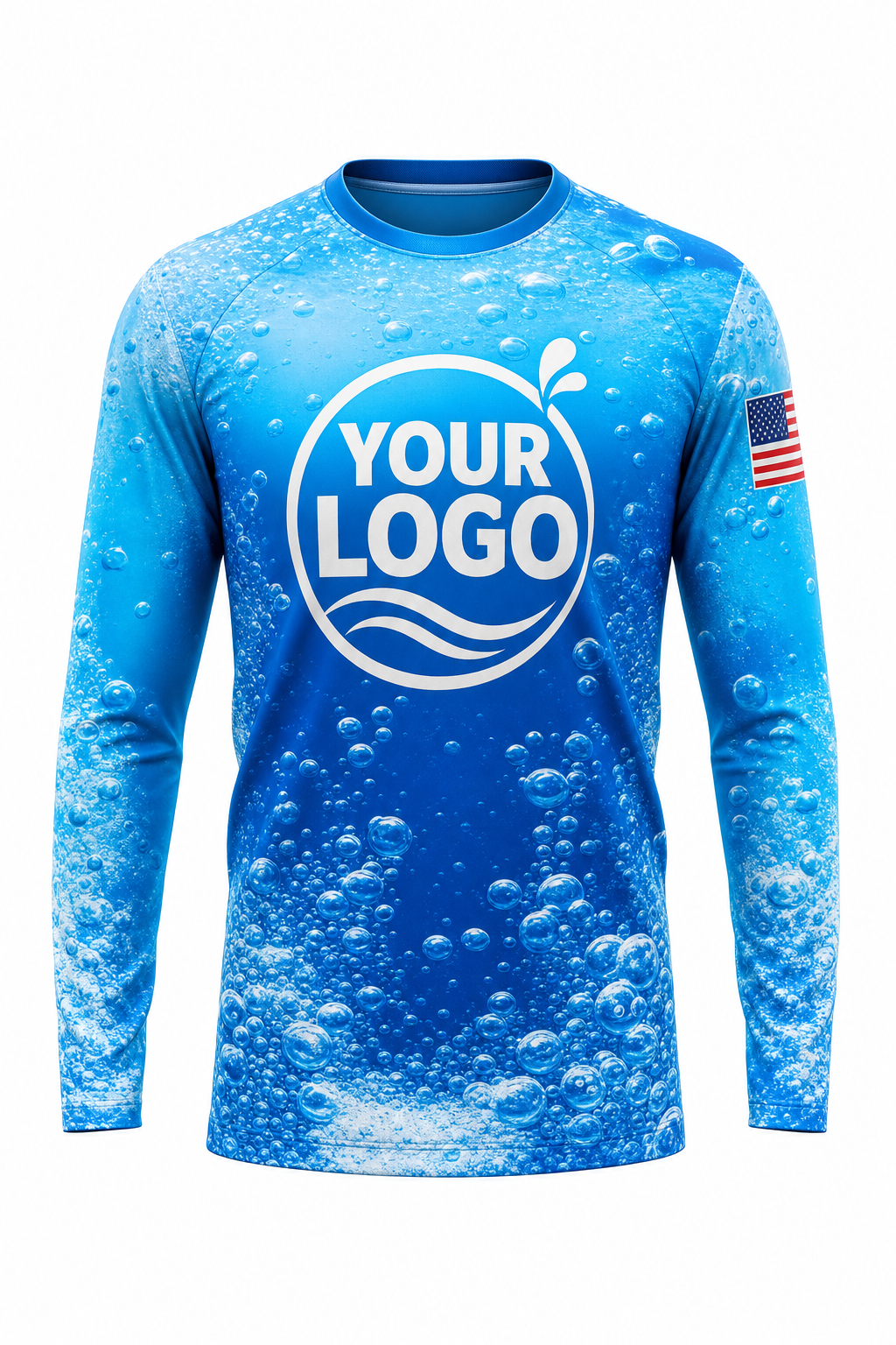 Azure Bubbles custom pool cleaning crew uniform long-sleeve shirt — front (longsleeve-front)