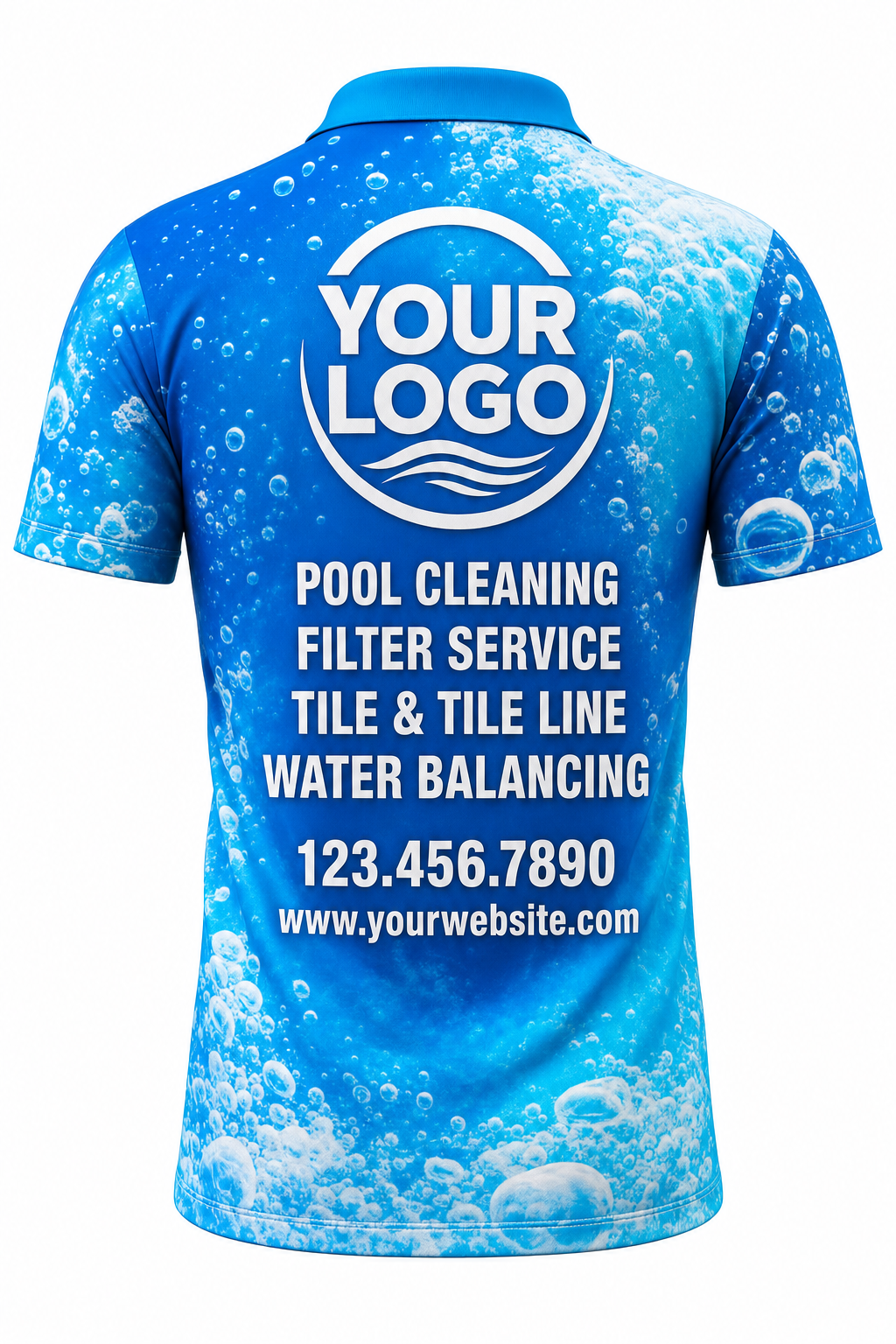 Azure Bubbles custom pool cleaning crew uniform polo shirt — back (polo-back)