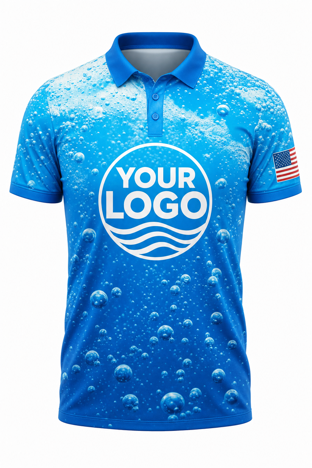 Azure Bubbles custom pool cleaning crew uniform polo shirt — front (polo-front)