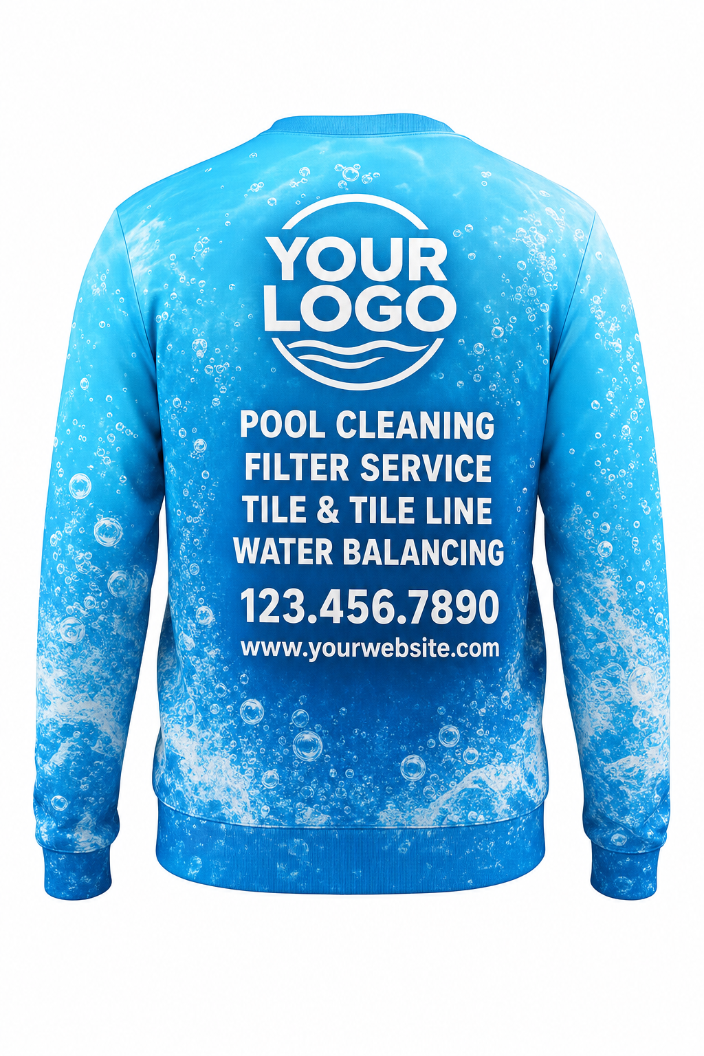 Azure Bubbles custom pool cleaning crew uniform sweatshirt — back (sweatshirt-back)
