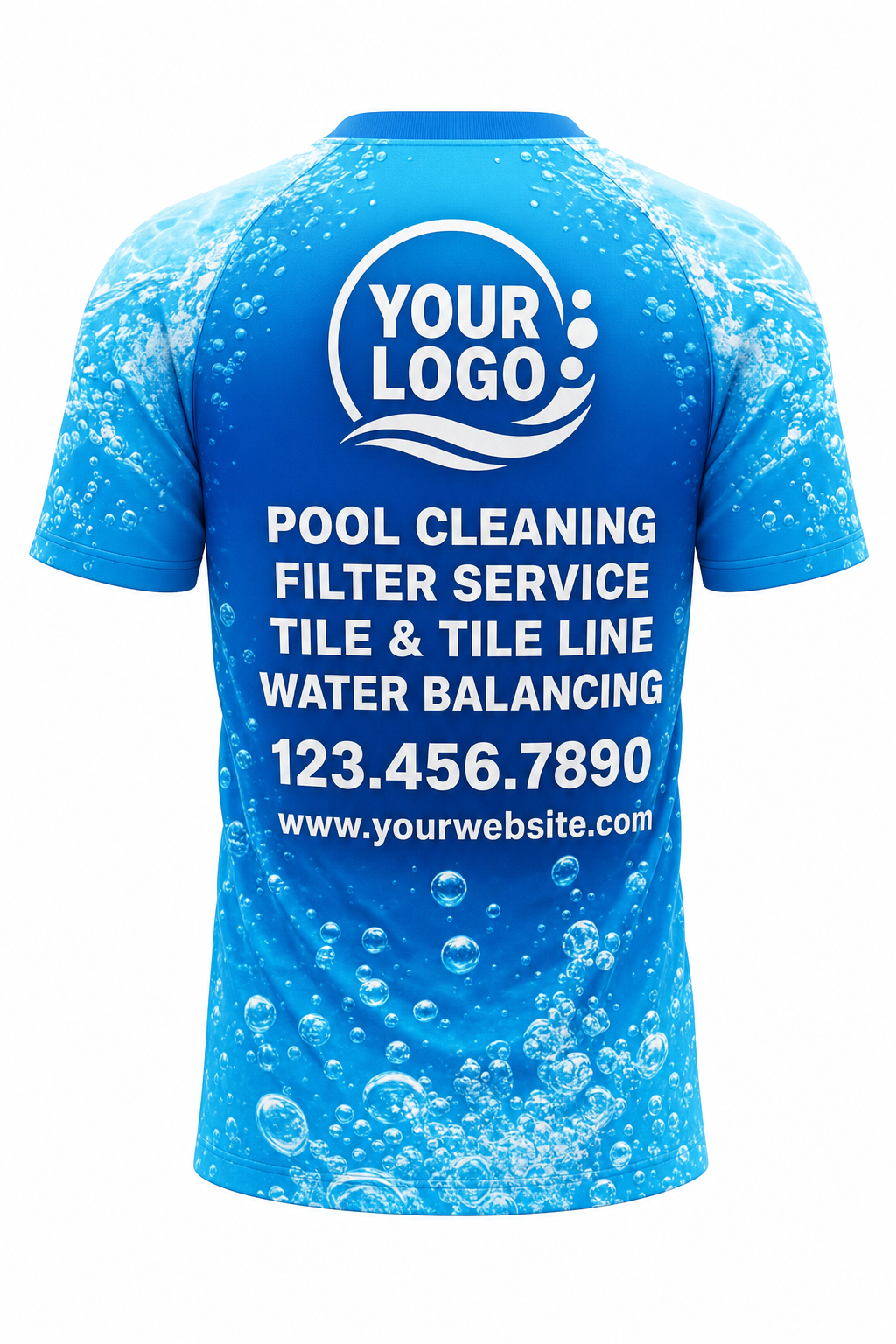 Azure Bubbles custom pool cleaning crew uniform t-shirt — back (tee-back)
