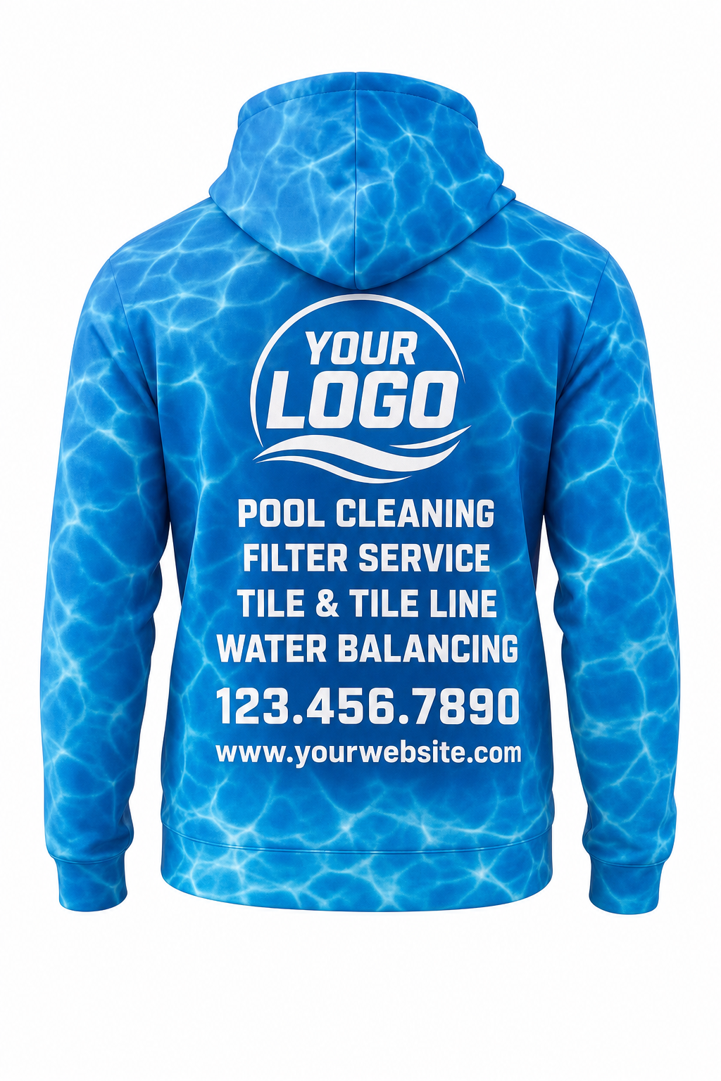 Azure Caustics custom pool cleaning crew uniform hoodie — back (hoodie-back)