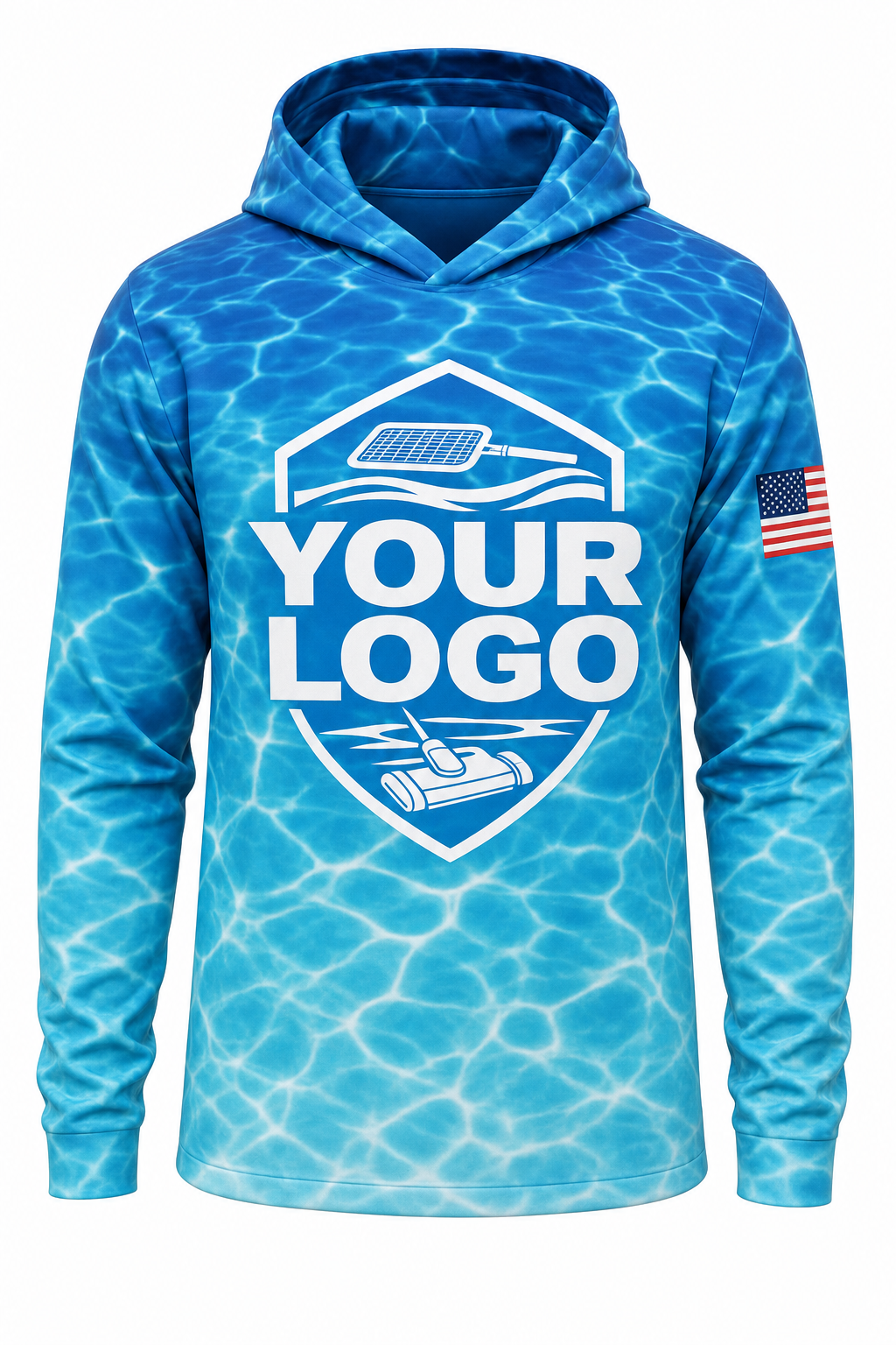 Azure Caustics custom pool cleaning crew uniform hoodie — front (hoodie-front)