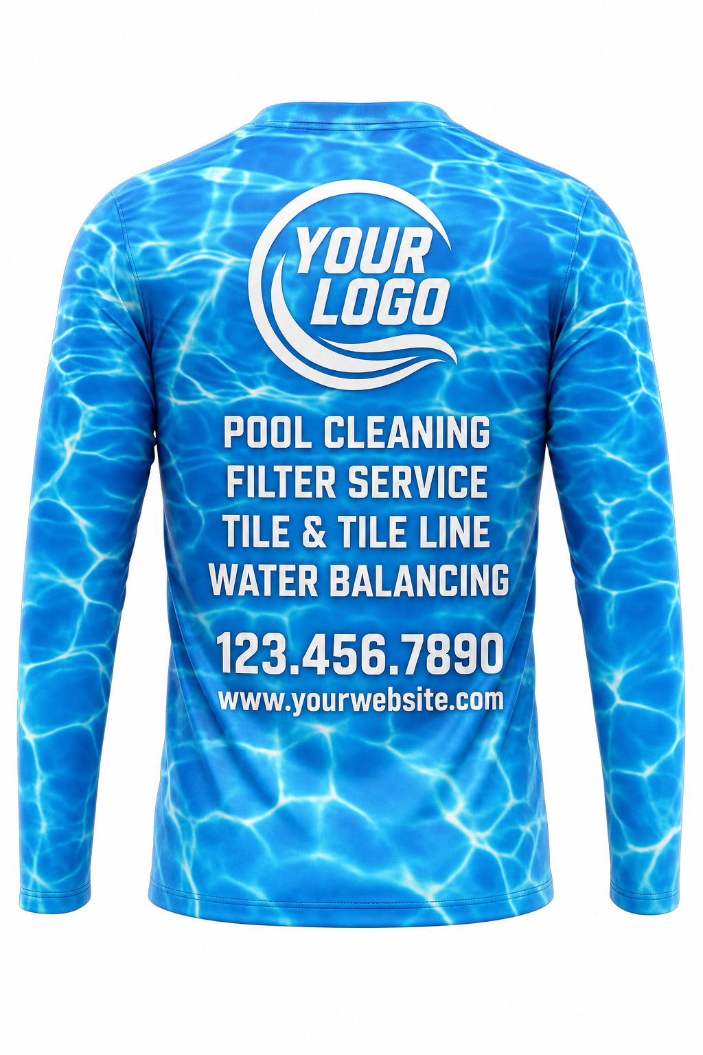 Azure Caustics custom pool cleaning crew uniform long-sleeve shirt — back (longsleeve-back)