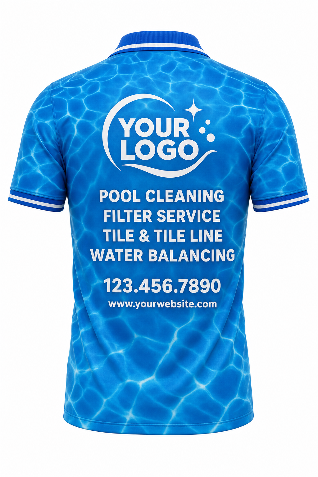 Azure Caustics custom pool cleaning crew uniform polo shirt — back (polo-back)