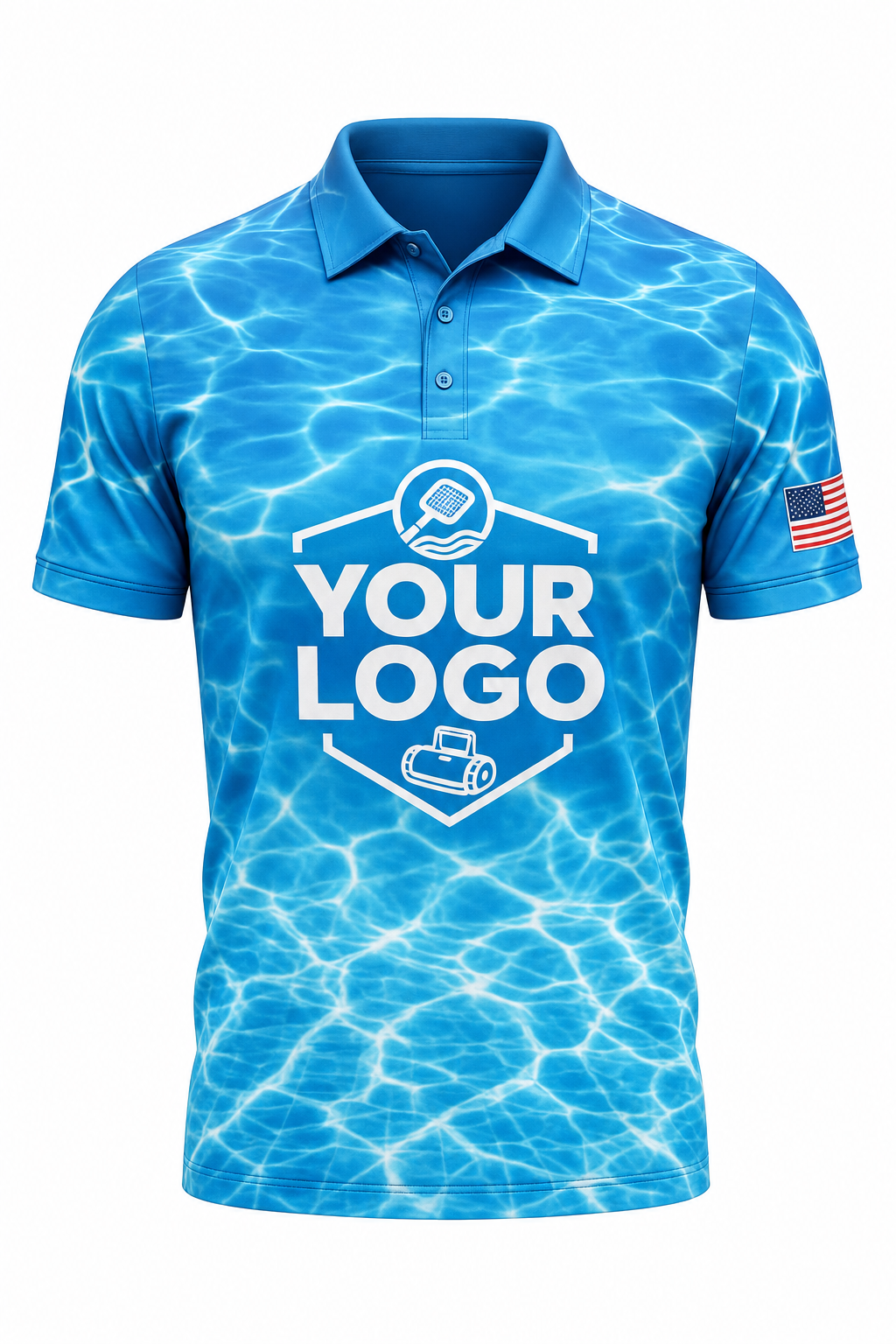 Azure Caustics custom pool cleaning crew uniform polo shirt — front (polo-front)