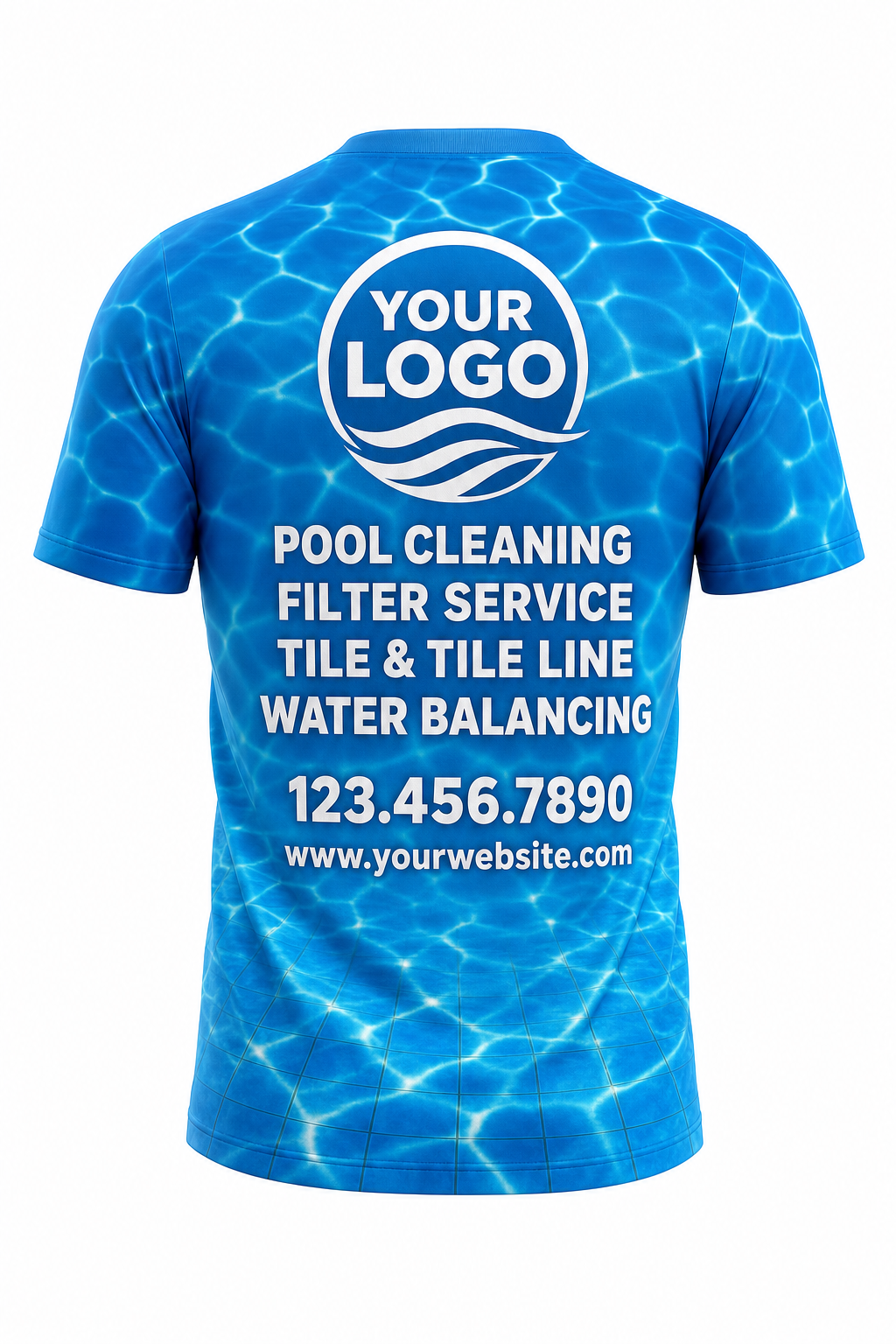 Azure Caustics custom pool cleaning crew uniform t-shirt — back (tee-back)