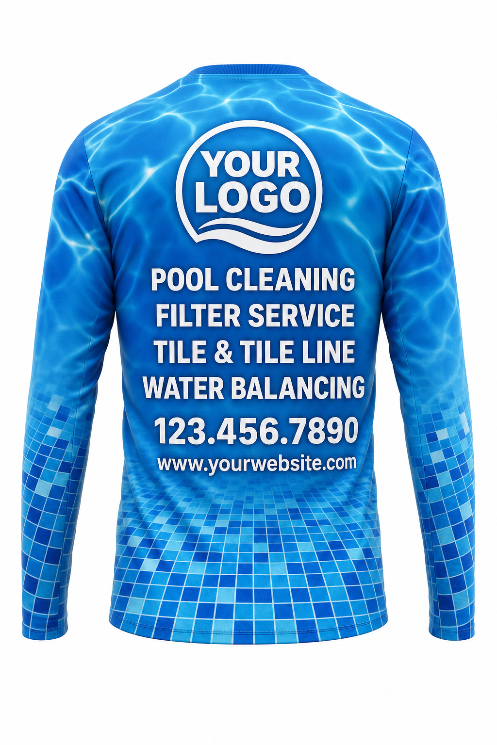 Azure Mosaic custom pool cleaning crew uniform long-sleeve shirt — back (longsleeve-back)