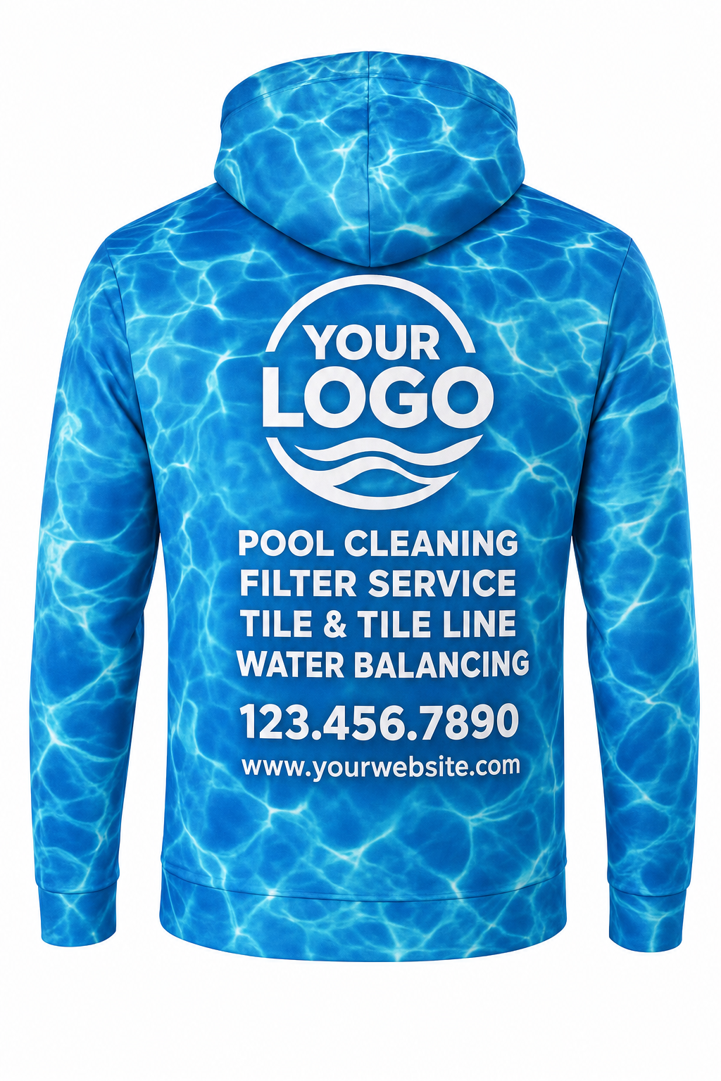 Azure Ripple custom pool cleaning crew uniform hoodie — back (hoodie-back)
