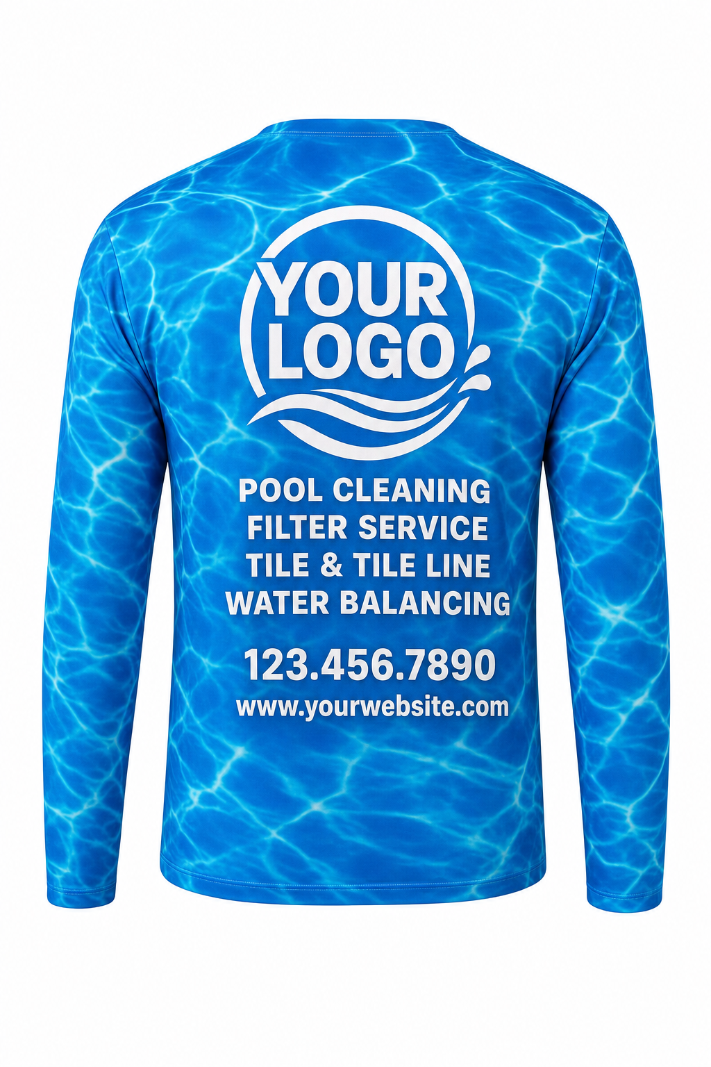 Azure Ripple custom pool cleaning crew uniform long-sleeve shirt — back (longsleeve-back)