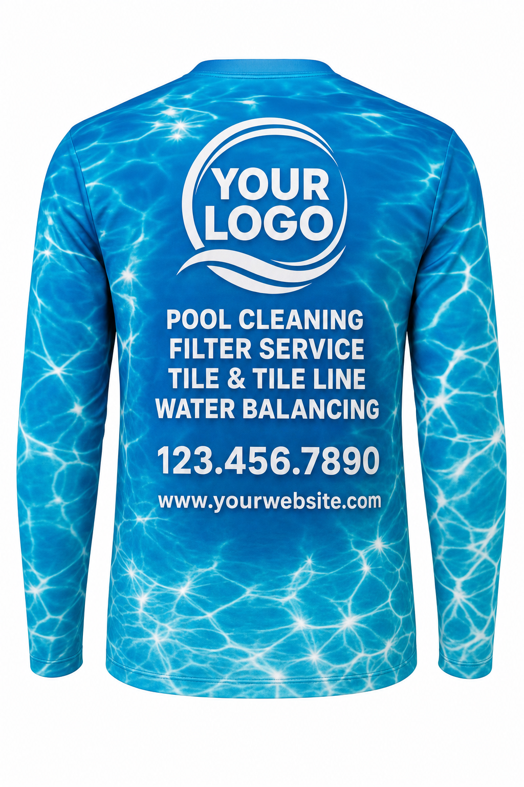 Azure Sun Sparkle custom pool cleaning crew uniform long-sleeve shirt — back (longsleeve-back)
