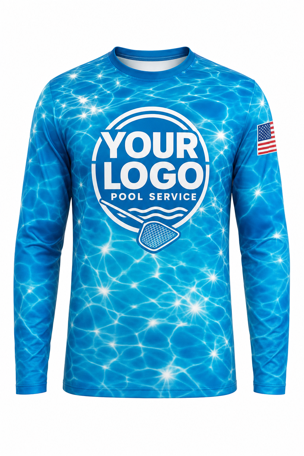 Azure Sun Sparkle custom pool cleaning crew uniform long-sleeve shirt — front (longsleeve-front)
