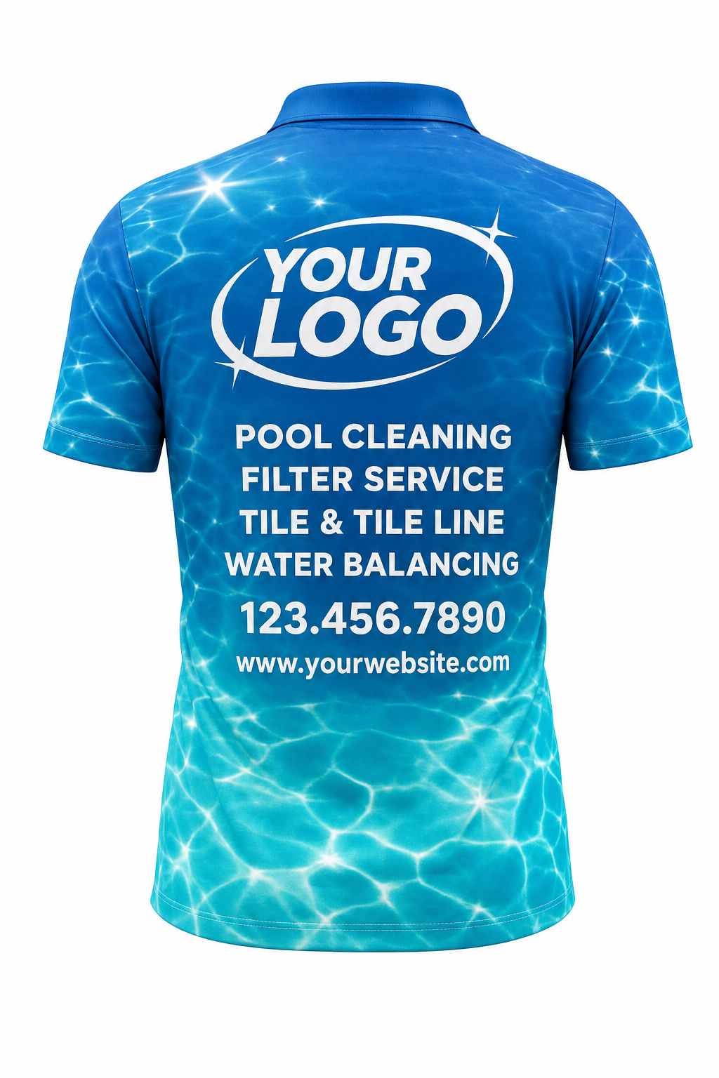Azure Sun Sparkle custom pool cleaning crew uniform polo shirt — back (polo-back)
