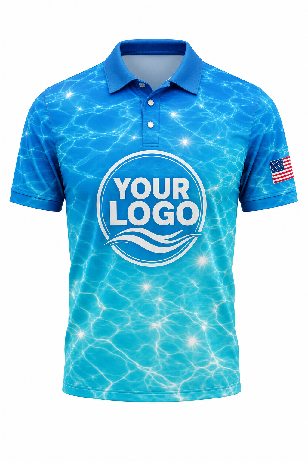 Azure Sun Sparkle custom pool cleaning crew uniform polo shirt — front (polo-front)