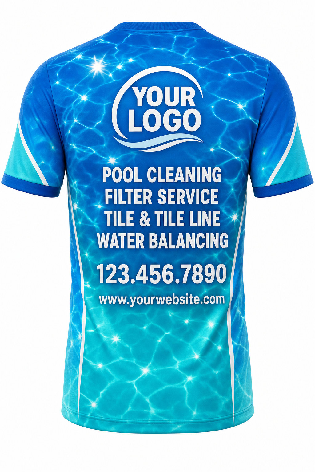 Azure Sun Sparkle custom pool cleaning crew uniform t-shirt — back (tee-back)