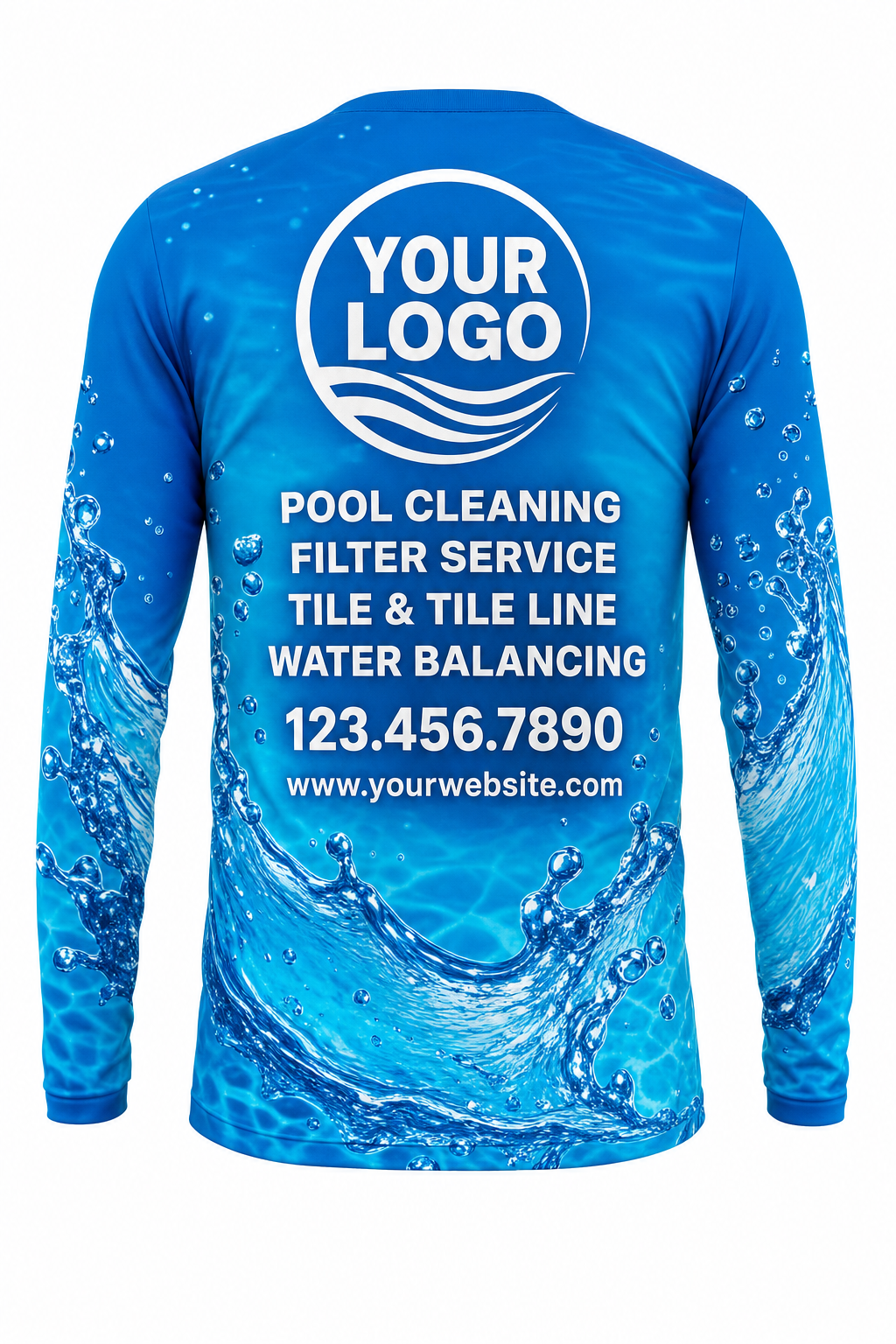 Azure Splash custom pool cleaning crew uniform long-sleeve shirt — back (longsleeve-back)