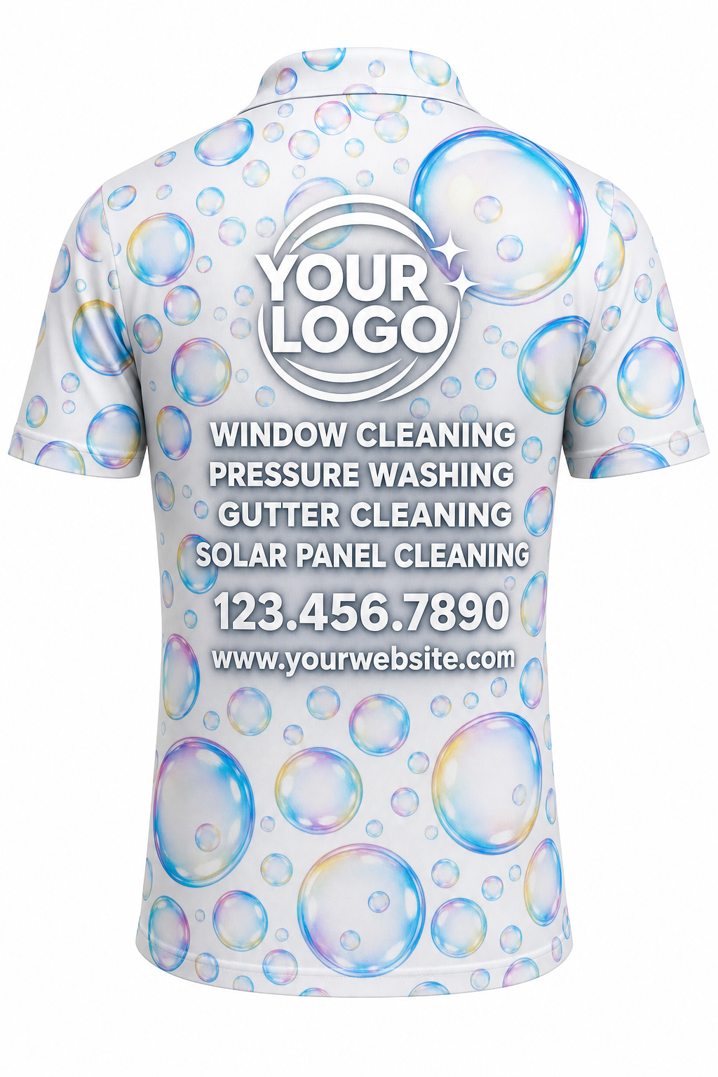 Bubble Pop custom window cleaning crew uniform polo shirt — back (polo-back)