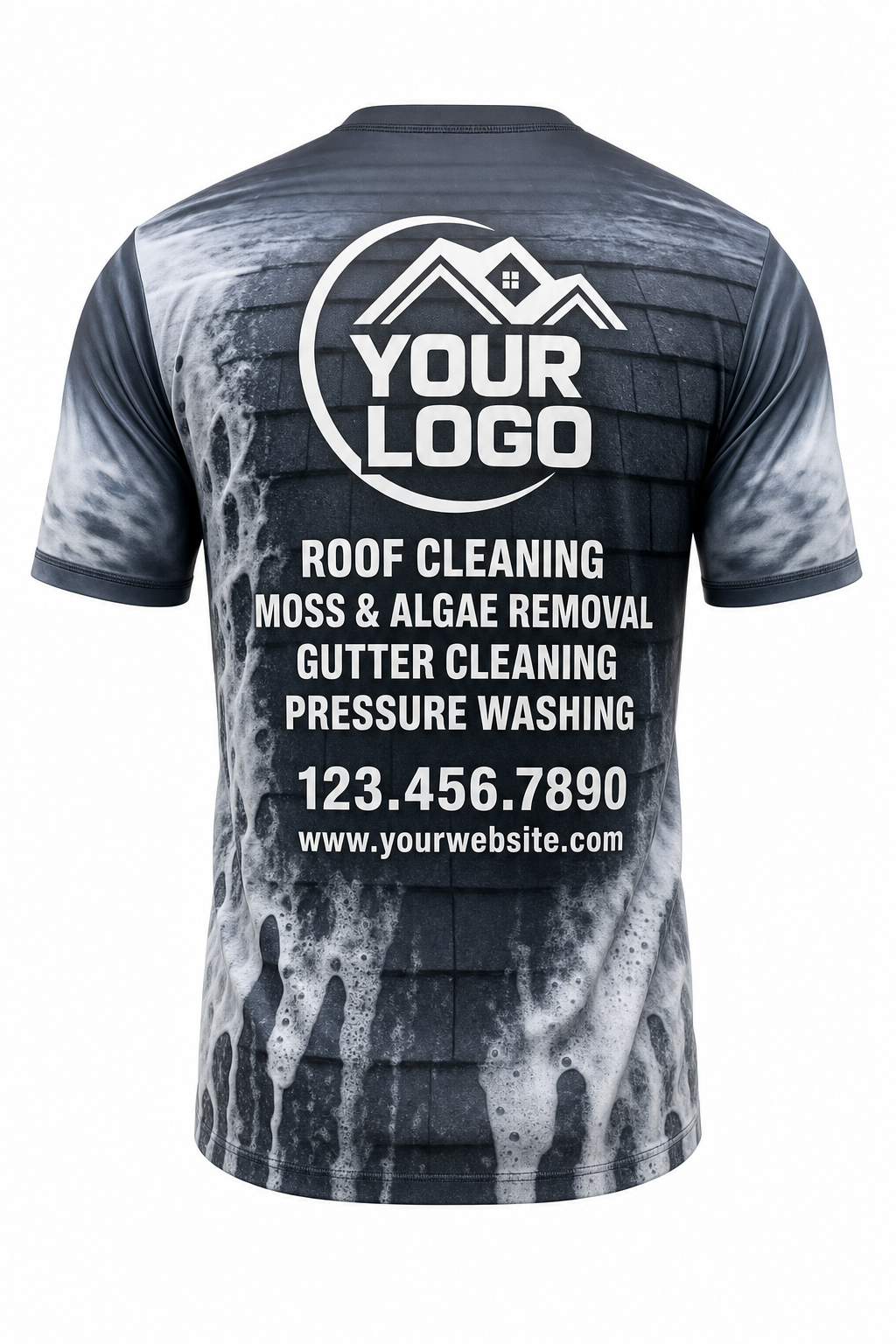 Charcoal Soft-Wash custom roof cleaning crew uniform t-shirt — back (tee-back)