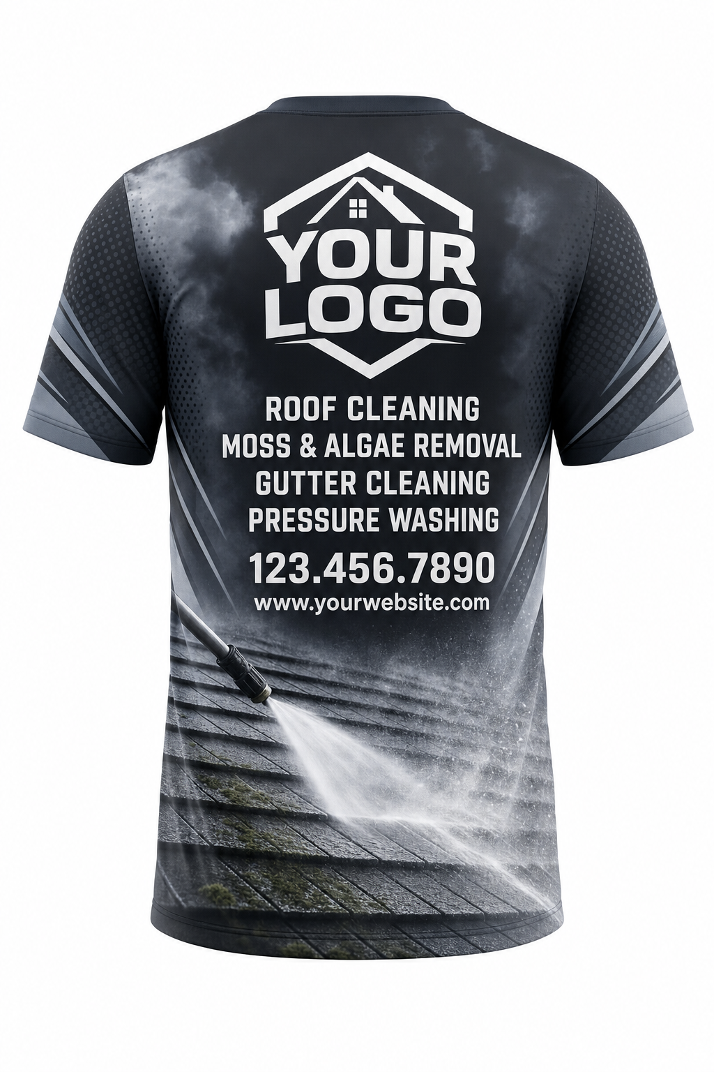 Charcoal Spray Jet custom roof cleaning crew uniform t-shirt — back (tee-back)