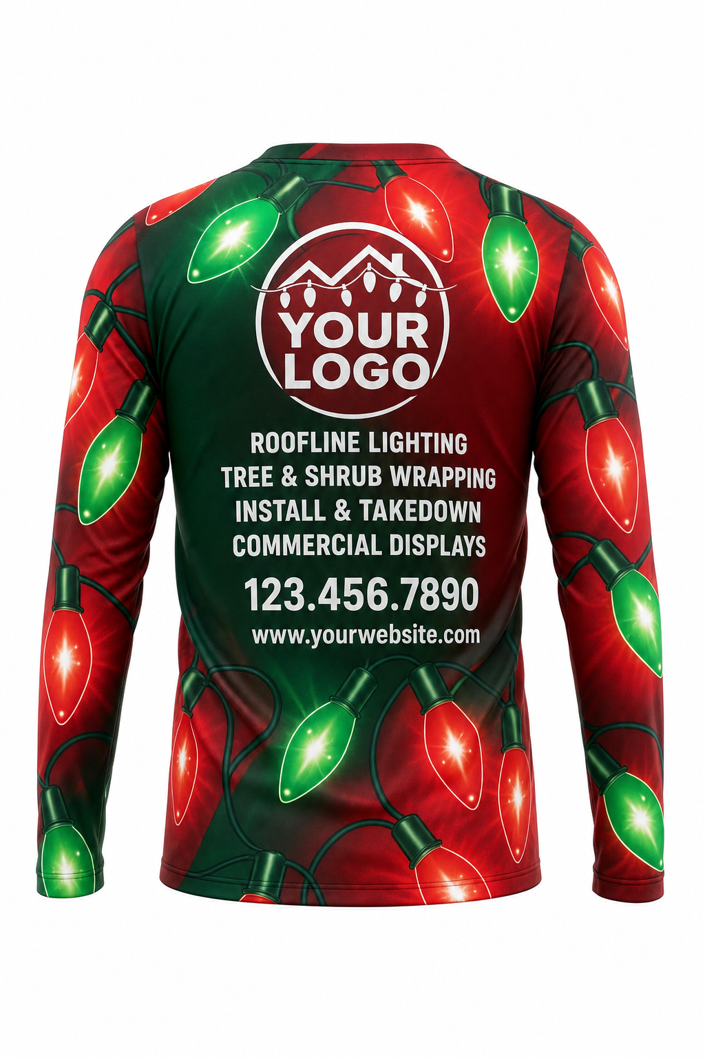 Back of Classic Red & Green Giant C9 Bulbs Christmas light installer shirt: the same giant red and green C9 bulb pattern, with logo, services and phone placeholders