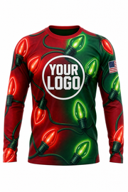 Front of Classic Red & Green Giant C9 Bulbs Christmas light installer shirt: red and green covered in oversized red and green C9 bulbs