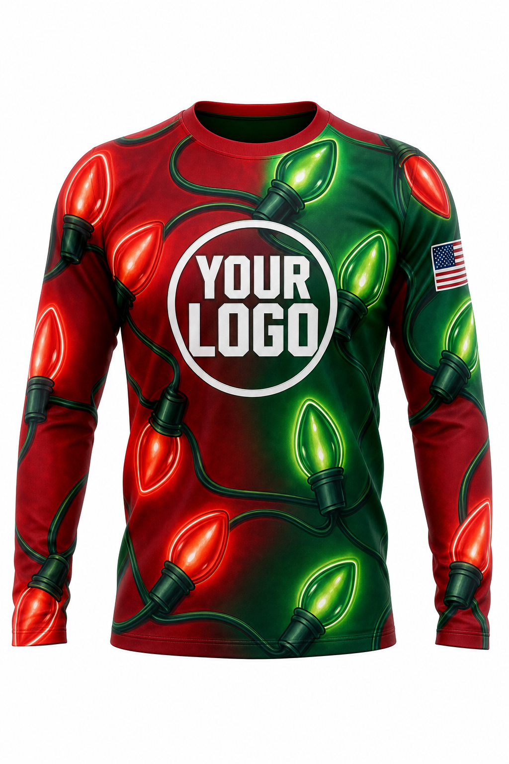 Front of Classic Red & Green Giant C9 Bulbs Christmas light installer shirt: red and green covered in oversized red and green C9 bulbs