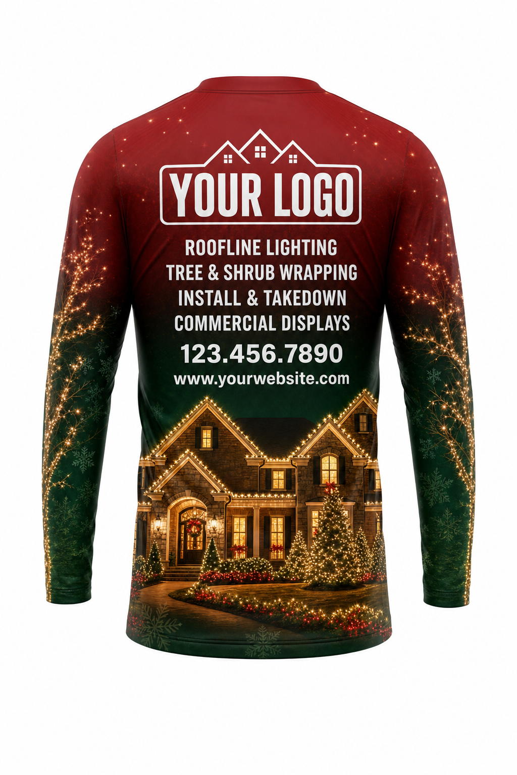 Back of Classic Red & Green Lit House Display Christmas light installer shirt: red fading to green with a glowing house display at the hem, with logo, services and phone placeholders