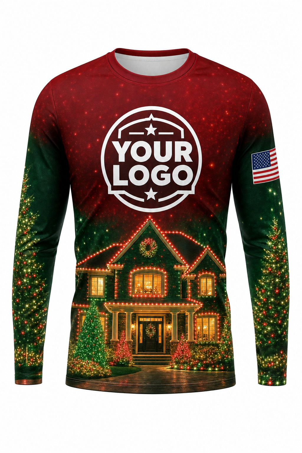 Front of Classic Red & Green Lit House Display Christmas light installer shirt: red fading to green with a fully lit house and trees at the hem