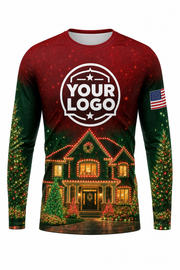Front of Classic Red & Green Lit House Display Christmas light installer shirt: red fading to green with a fully lit house and trees at the hem