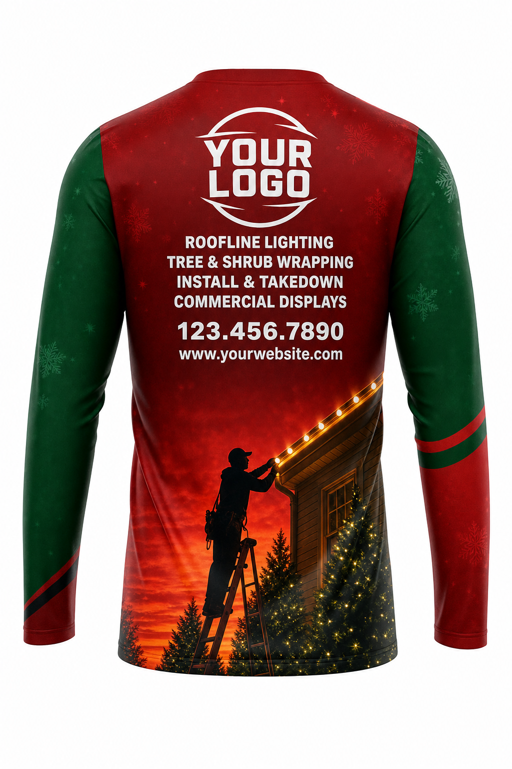 Back of Classic Red & Green Rooftop Crew Christmas light installer shirt: red with green sleeves and the installer silhouette at the hem, with logo, services and phone placeholders