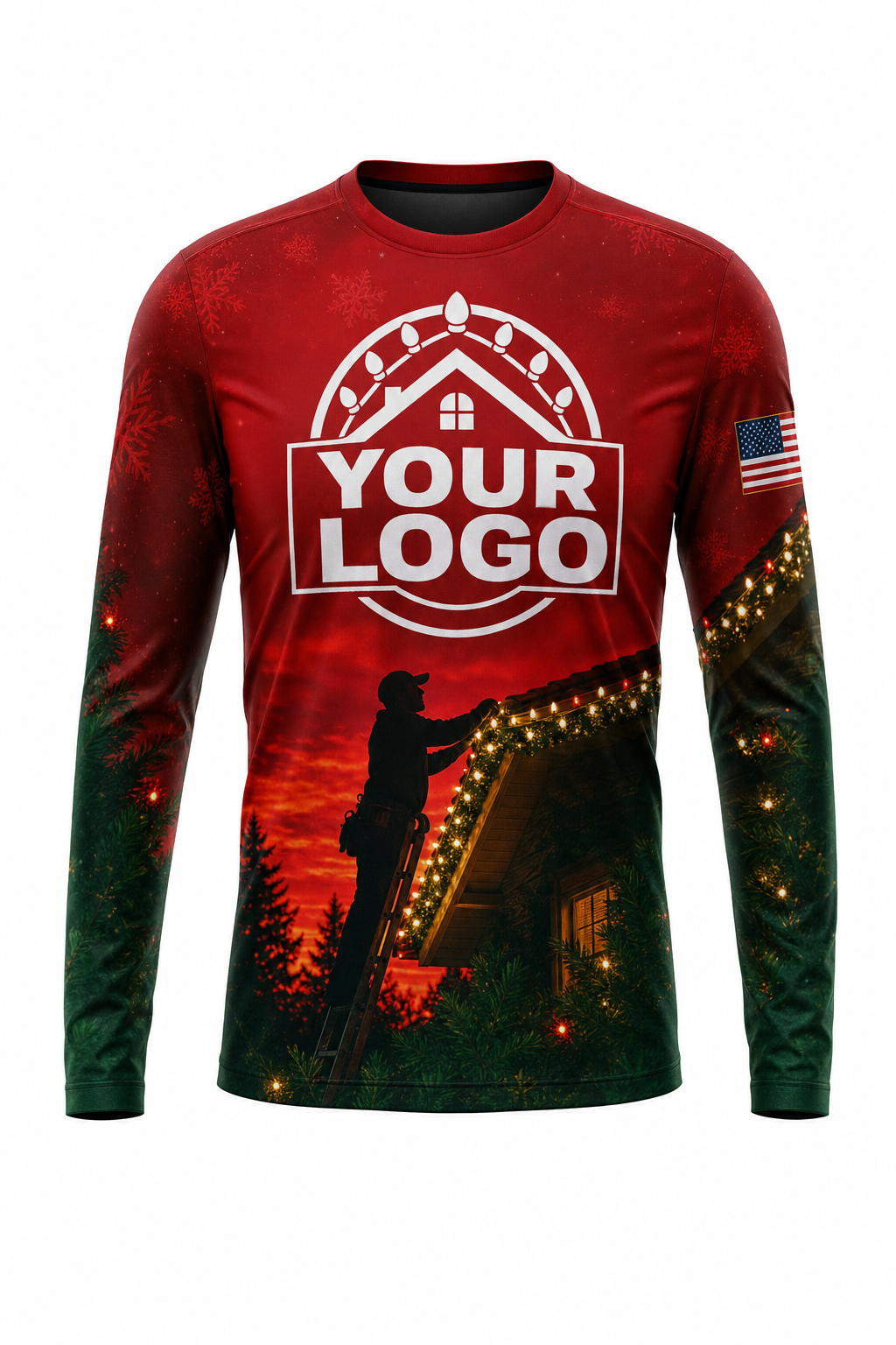 Front of Classic Red & Green Rooftop Crew Christmas light installer shirt: a red sky with an installer on a ladder hanging lights along a roofline