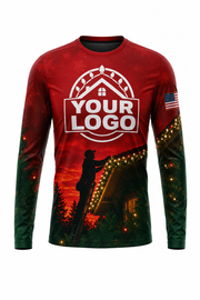 Front of Classic Red & Green Rooftop Crew Christmas light installer shirt: a red sky with an installer on a ladder hanging lights along a roofline