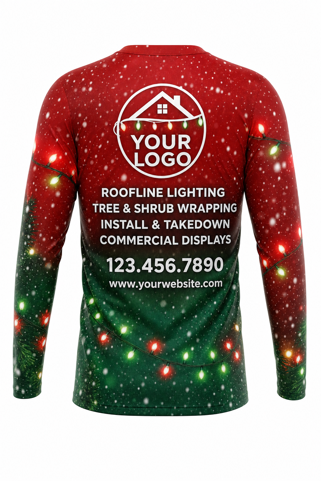 Back of Classic Red & Green Snowfall & Lights Christmas light installer shirt: red fading to green with snowfall and lights, with logo, services and phone placeholders