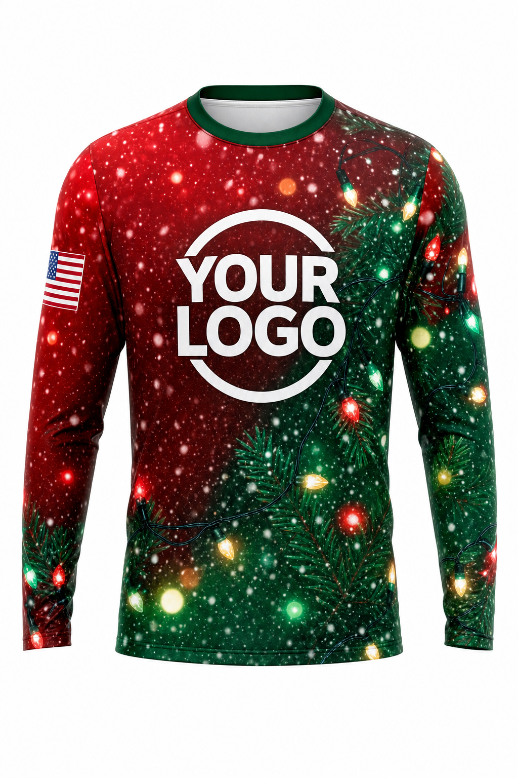 Front of Classic Red & Green Snowfall & Lights Christmas light installer shirt: red and green with falling snow and glowing multicolor lights