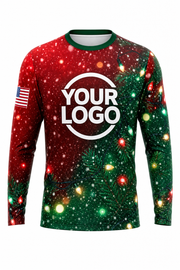 Front of Classic Red & Green Snowfall & Lights Christmas light installer shirt: red and green with falling snow and glowing multicolor lights