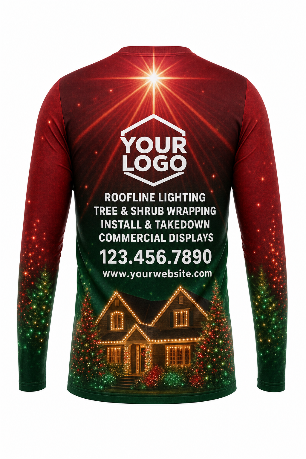 Back of Classic Red & Green Rooftop Star Christmas light installer shirt: red fading to green with a star burst over a lit house, with logo, services and phone placeholders