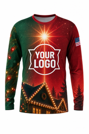 Front of Classic Red & Green Rooftop Star Christmas light installer shirt: red and green with a bright star above a lit roofline