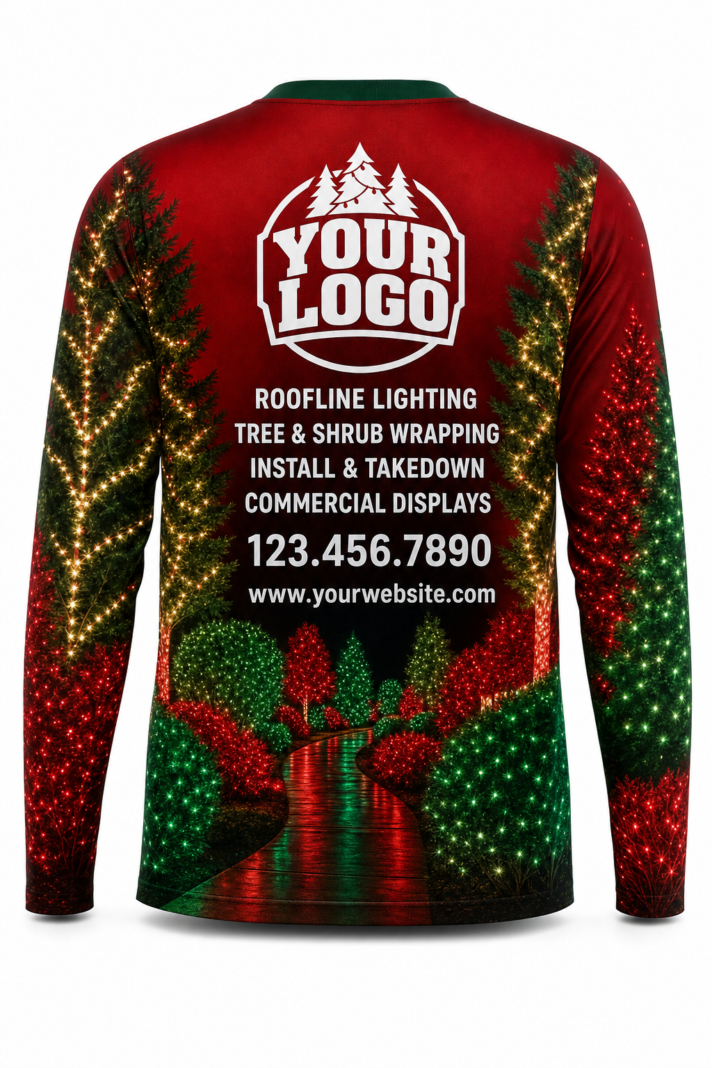 Back of Classic Red & Green Tree & Shrub Wrap Christmas light installer shirt: red with light-wrapped trees and shrubs at the hem, with logo, services and phone placeholders