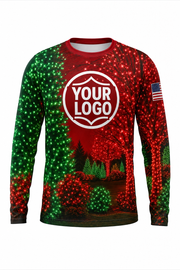 Front of Classic Red & Green Tree & Shrub Wrap Christmas light installer shirt: red and green with trees and shrubs wrapped in red and green lights