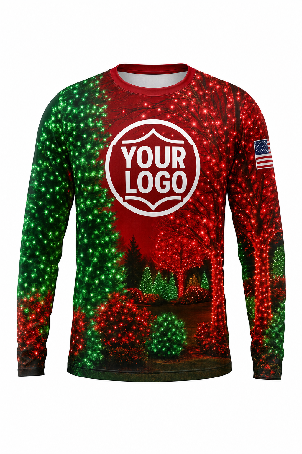 Front of Classic Red & Green Tree & Shrub Wrap Christmas light installer shirt: red and green with trees and shrubs wrapped in red and green lights