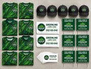 Illustrative mockup of everything in the Crew Kit, shown for a demo lawn care brand