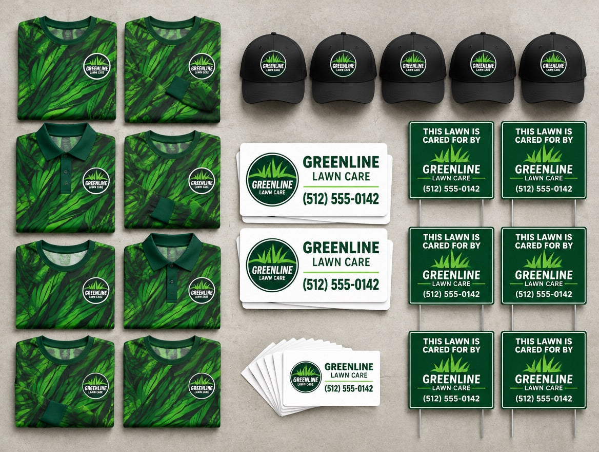 Illustrative mockup of everything in the Crew Kit, shown for a demo lawn care brand