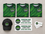 Illustrative mockup of everything in the Launch Kit, shown for a demo lawn care brand