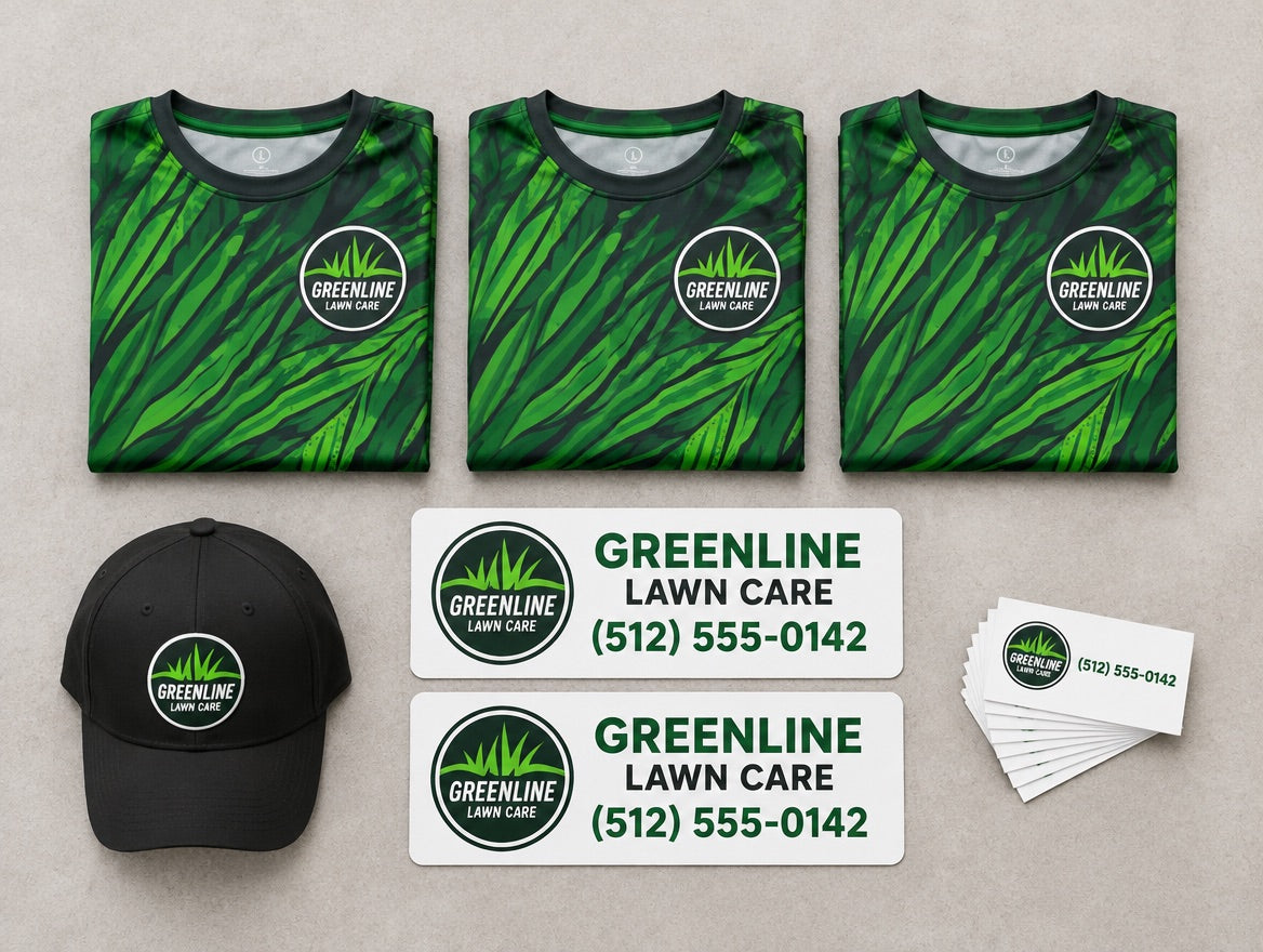 Illustrative mockup of everything in the Launch Kit, shown for a demo lawn care brand